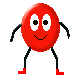 Six red oval-shaped characters with white eyes and black pupils, smiling faces, black limbs, and red feet in various poses against a gray background.