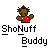 Pixelated character in red shirt with white dots, brown skin, spiky hair, and pink outline, under text 'ShoNuff Buddy' on gray background.