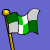 Four animated frames of a green and white checkered flag on a golden pole against a solid blue background, showing sequential motion states from left-to-right top-to-bottom.
