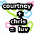 Pixelated text reads 'courtney + chris = luv' over a white background with scattered green, blue, and pink heart outlines.