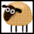 Pixelated sheep icon with beige wool, black face and legs, large white eyes with black pupils, greenish-brown nose, standing on four thin legs against a white background.