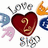 Pixelated icon with heart symbol, hand gestures, and yellow text on pink background reading 'i love to do sign language' in four quadrants.