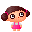 Pixel art character with brown pigtails and pink hair ties wears a white shirt under pink overalls, shown in nine expressions including open eyes, closed eyes, and winking.