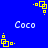 Blue background with yellow square-and-dot patterns and white "Coco" text in pixelated style.