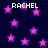 Dark blue background with scattered pink stars and repeated white text 'RACHEL' in pixelated font.