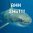 Pixelated shark image with text overlays in four quadrants, blue underwater background, gray on right side