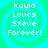 Four identical pixelated text arranged in a on a cyan-green spiral background, each displaying "Kayla Loves Steve Forever!" in white block letters