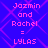Static pixel art displays pink text on a blue background with purple geometric patterns, repeating the phrase "Jazmin and Rachel = LYLAS" in two identical vertical