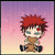 Pixelated character with red spiky hair and blue eyes sits against a purple-pink gradient background, wearing brown clothing.