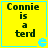 Yellow square with cyan border displays text "Connie is a terd" and blue pixelated icon in bottom-right corner.