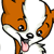 Pixelated cartoon icon of a brown dog-like creature with white chest and black limbs holding an orange fish, mouth open in a pink tongue expression on transparent background.