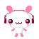 Pixel art character with pink ears and headphones, white body, dark red eyes, smiling mouth, pink cheeks, arms, legs; one version has musical notes above head.
