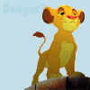Animated contact sheet of a cartoon lion cub character standing on a rock with changing text overlays across 16 frames.