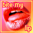 Pixelated close-up of red lips with text 'bite my lip' in yellow and pink, framed by yellow border on pink background.