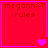 Four red square with pink borders display "meganh87 rules" text and heart symbols in an animated sequence