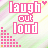 Pixelated 'laugh out loud' text in pink with small hearts, rainbow pixel bars on left, pastel striped background.