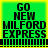 Green background with black text reading 'GO NEW MILFORD EXPRESS' and a horizontal striped pattern at the bottom.