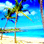 Pixelated beach scene with palm trees, blue sky, and ocean waves on sandy shore.
