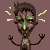 Pixelated figure with dark hair and green facial highlights against brown background, arms raised with zigzag motion lines.