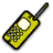 Pixelated yellow mobile phone with black outline, antenna extended upward right, keypad visible below screen.