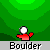 Pixelated character with white head and red body stands against green background, gray sphere above; text 'Boulder' below.