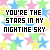 A static image of a repeating pattern featuring the text "YOU'RE THE STARS IN MY NIGHTTIME SKY" in black and pink lettering over colorful star shapes.