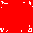 Red background with scattered white pixel fragments forming abstract shapes and lines across the frame.