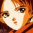 A 48x48 pixel buddy icon featuring a split composition with an anime-style character on the left and text elements on the right against a black background.