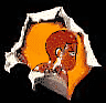 Pixelated character with brown hair and orange clothing peeks through torn white fabric against black background, transitioning from side profile to front-facing view.