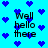 Pixelated blue background with scattered dark blue hearts and repeated text "Well hello there" in black block letters.