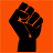 Black pixelated fist raised against solid orange background with red-orange chain links wrapped around wrist and forearm.