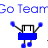 Blue and black pixelated character with blue limbs in two poses, above text reading 'Go Team Go Team' on white background.