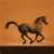 A horse in mid-gallop against an orange background, shown in three with varying leg positions and tail angles