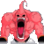 Pixelated pink cartoon character with exaggerated muscular build, open mouth showing teeth and tongue, single curved horn on head, black hands/feet, static image against gray background.