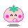 Pixelated pink fruit-shaped character with green leafy top, four distinct expressions across showing mouth and eye variations