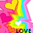 Pixelated image with pink background, yellow heart, white heart, rainbow gradient, and black text 'LOVE' at bottom.