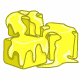 Static image of five distinct pixel-art icons arranged in a : yellow melting cheese blocks, a blue crystal with pink and purple fragments on sand, green-and-black swirling smoke-like shapes, red flowers with heart-shaped petals, and a blue cat-like creature wearing a wizard hat