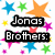 Pixelated text reads "Jonas Brothers: Play My Music" surrounded by multicolored stars on a white background.