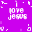 Purple background with white pixelated text 'i love jesus' repeated four times in a , surrounded by scattered white pixel shapes