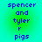 Blue pixelated text on a green-to-cyan gradient background, with two identical vertical of text reading "spencer and tyler r pigs"