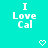 Pixelated text 'I Love Cal' in white on cyan background with two pixel hearts below, one heart has a missing segment.
