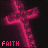 A pink glowing cross icon with the word FAITH in matching pink text below it, displayed across showing slight animation changes