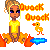 Pixel art contact sheet showing two animated frames of a character with blonde hair and purple eyes sitting on flames, accompanied by a duckling near water, with "Quack" text above.