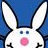 Two white cartoon bunnies with pink noses and blue eyes stand against a dark blue background, one bunny partially behind the other.