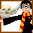 Pixelated character in black robe with red-yellow scarf holds owl, next to brown text 'HaRrY PoTtEr' on white background framed by brown border.