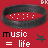 Red background with black circular frames containing white dots, text 'music = life' and star symbols in various arrangements.