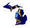 Animated blue and gold character icon with Michigan-shaped silhouette background, cycling through three distinct poses against gray backdrop.