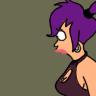 Pixelated cartoon character with purple hair in a high ponytail, wearing a dark purple halter top with a cutout, pink lips, and a silver hoop earring, set against a solid olive background.