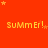 A bright orange background with repeated yellow text 'SuMMEr!' and scattered yellow stars, featuring a gray rectangular overlay in the bottom-right corner.