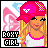 Pixel art contact sheet of a Roxy Girl animated icon showing five sequential frames with subtle facial expression changes and text color variations.